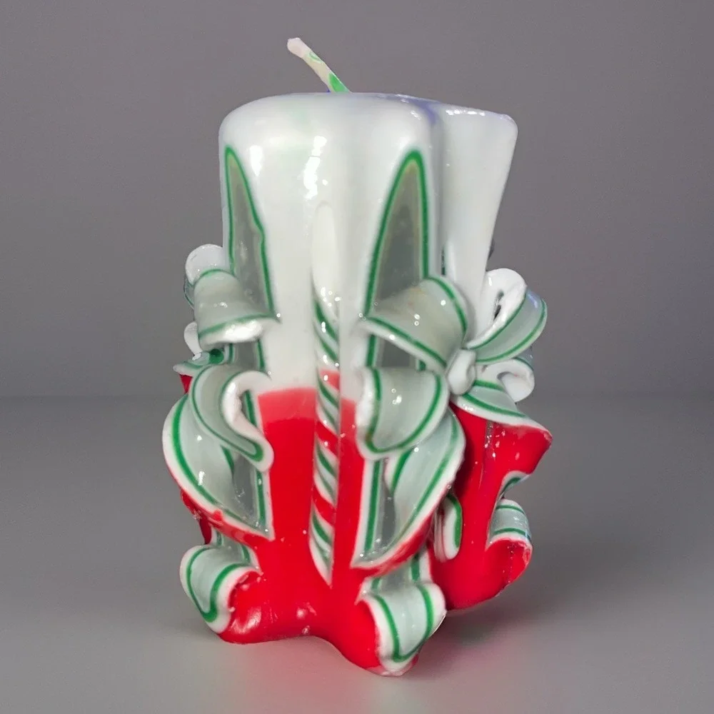 VTG Christmas Tree Hand‎ Carved Ribbon Wax Candle Designs Green Red White GID